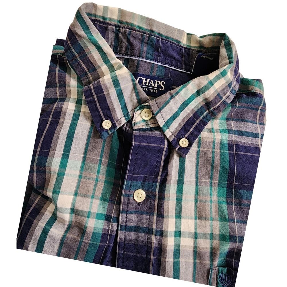 Chaps Mens XL‎ Tall Plaid Long Sleeve Button Down Shirt Green Blue Gray Casual